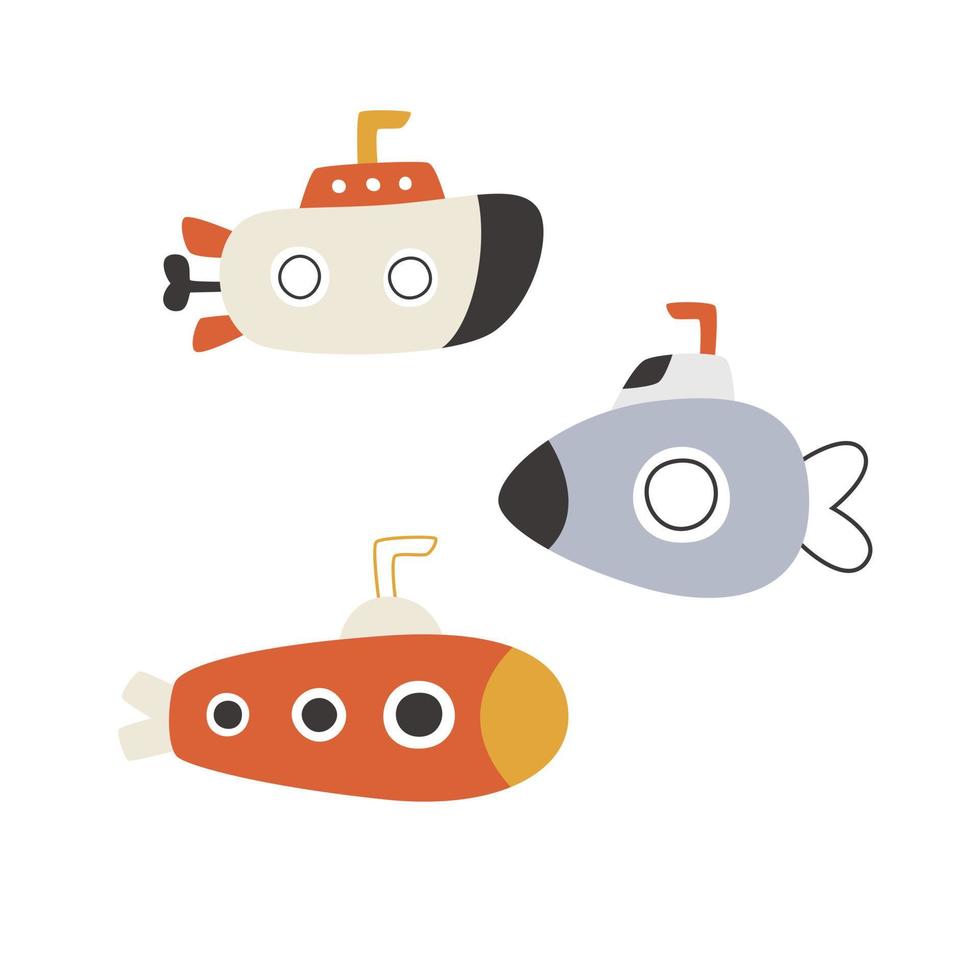 Cartoon colored cute submarines in flat style. Vector illustration of underwater maritime transport