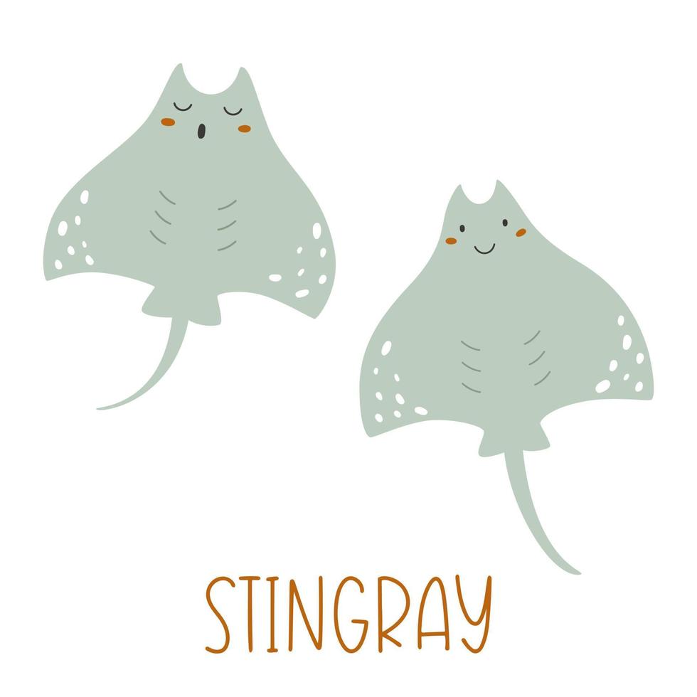 Underwater cute mint stingray fish swims underwater. Aqua wildlife vector illustration