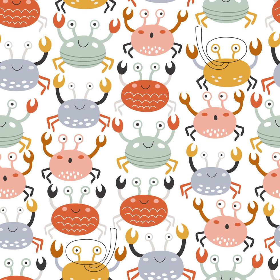 Playful sea crabs on a seamless pattern. Underwater vector animal doodle by hand drawn. Childish print for fabric or wrapper