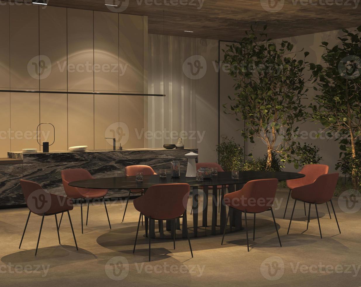 Elegant and luxury open kitchen and dining room with night lighting, green plants - trees, stone floor, wooden ceiling. 3d rendering illustration interior apartment with island, table and chairs. photo