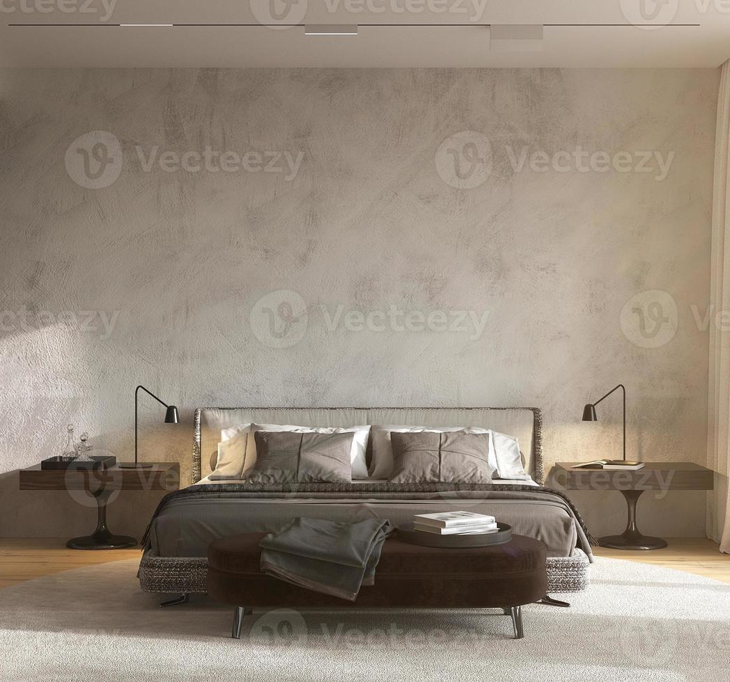 Minimalism modern interior design bedroom with panoramic windows. Glass partition separates bedroom from bathroom. Contemporary bed with bedside bench. 3d rendering. 3d illustration. photo