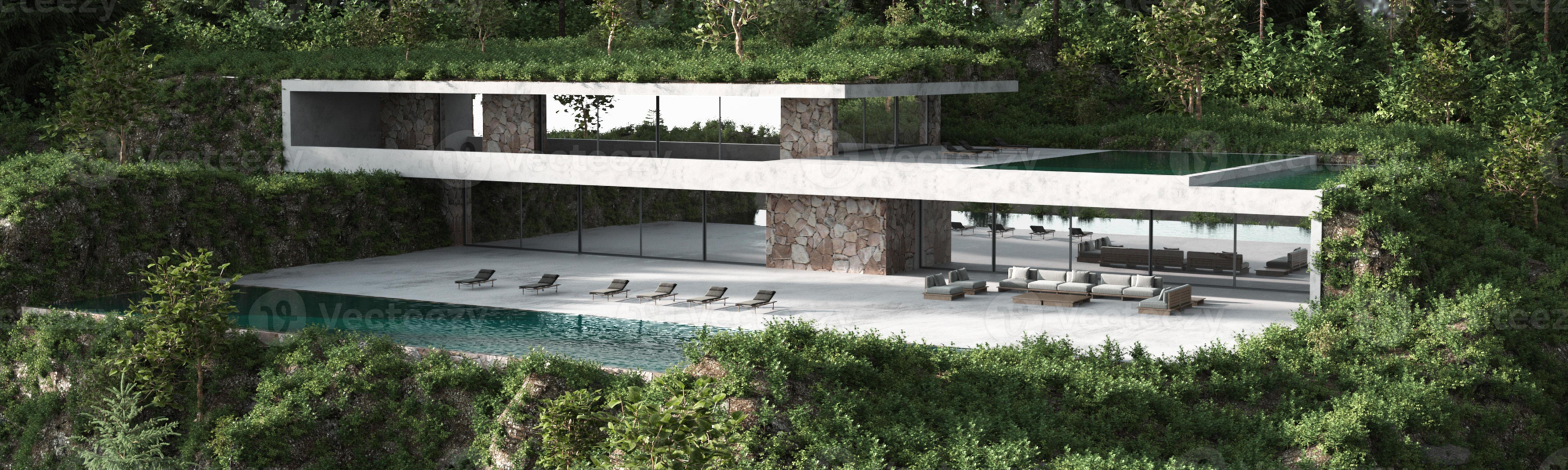 Perspective Modern House With Terrace Swimming Pool On Green Forest perspective-modern-house-with-terrace-swimming-pool-on-green-forest