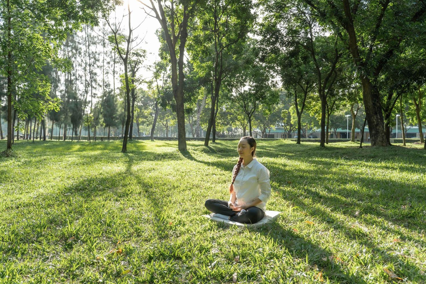 Beautiful young woman doing meditation in a park at sunset in spring or summer. photo