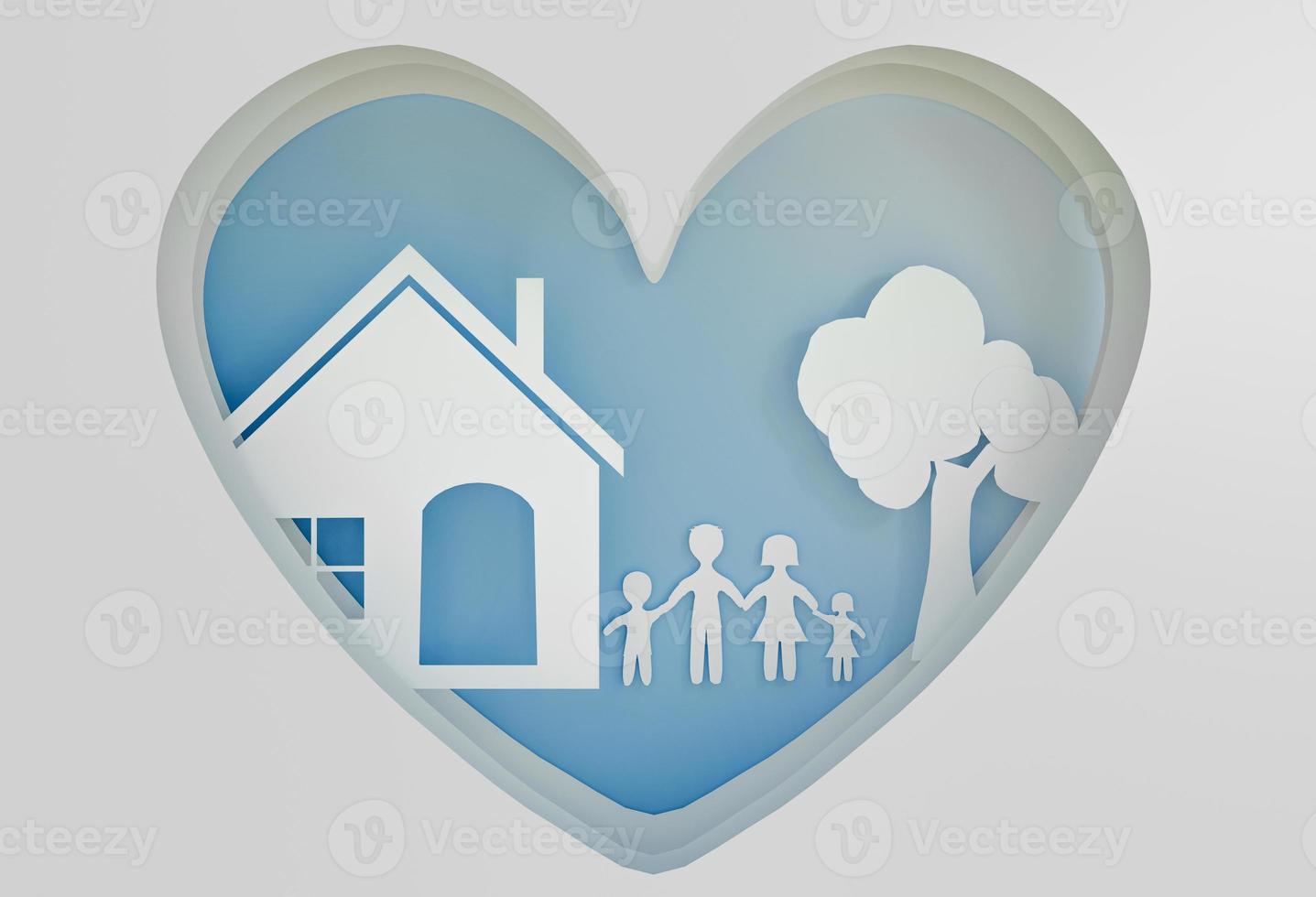 Family in heart shape and small house paper art design photo