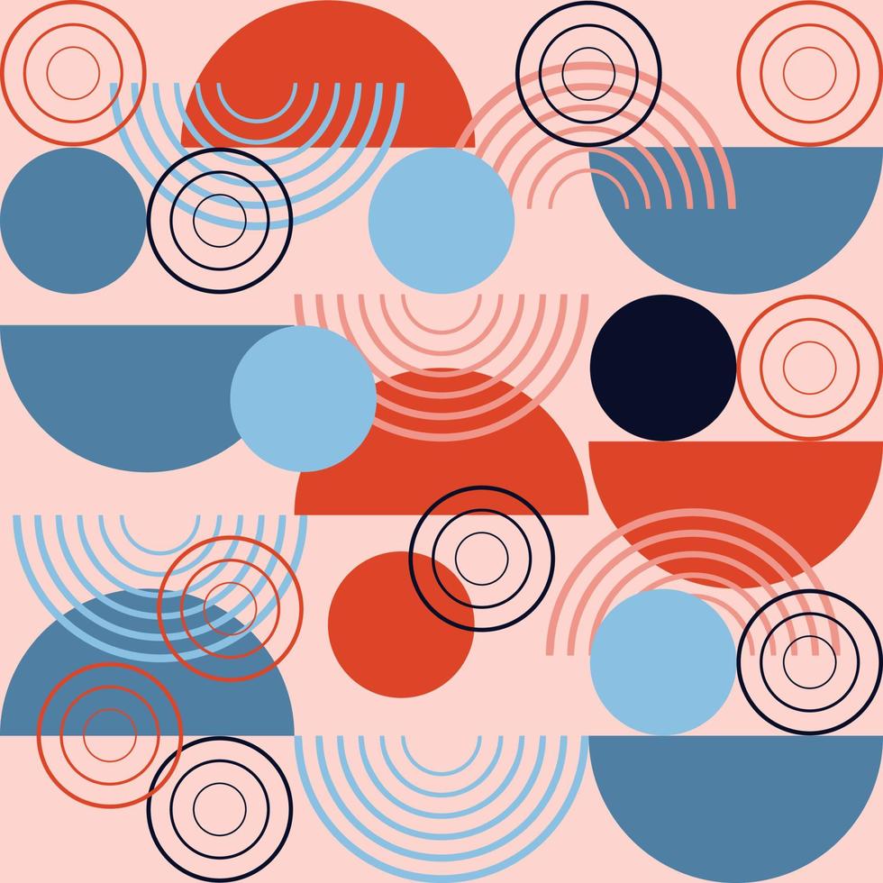 Geometrical vector seamless pattern in vintage style with blue and red semicircles, silhouettes, and lines. Good print for wrapping paper, packaging design, wallpaper, ceramic tiles, and textile.