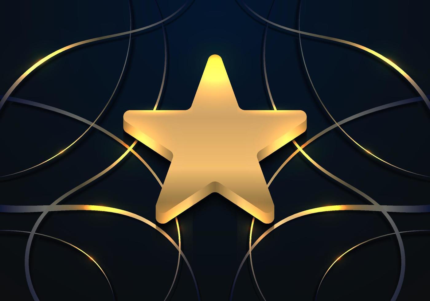 insignia de premio de estrella dorada 3d de lujo con elementos abstractos de líneas doradas onduladas sobre fondo azul oscuro vector