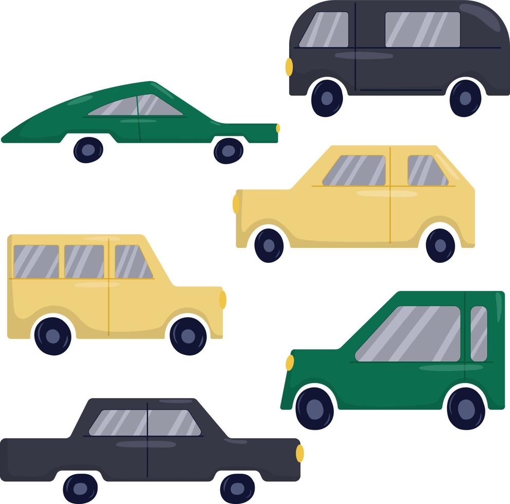 Set of green, yellow and navy blue cars vector