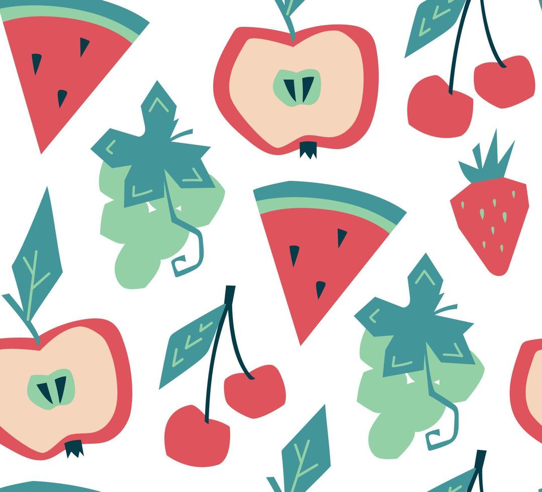 frutas y bayas de verano. patrón sin costuras manzana, uva, cereza, sandía, fresa. imagen vectorial vector