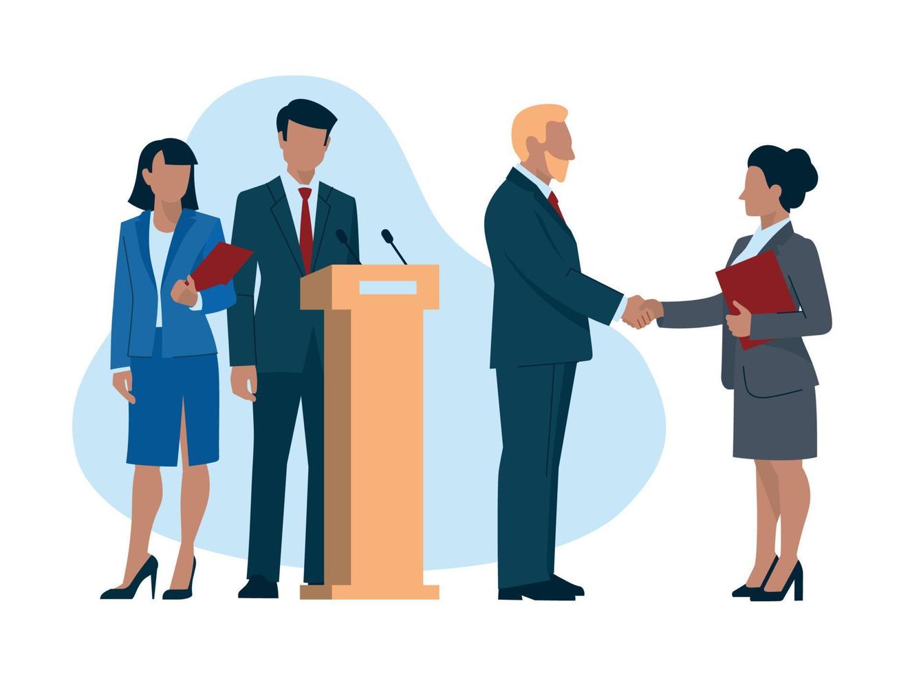 Business people. Man and woman in business suits with a folder. Public speaking from the podium. Man and woman greet each other with a handshake. Official event. Vector image.