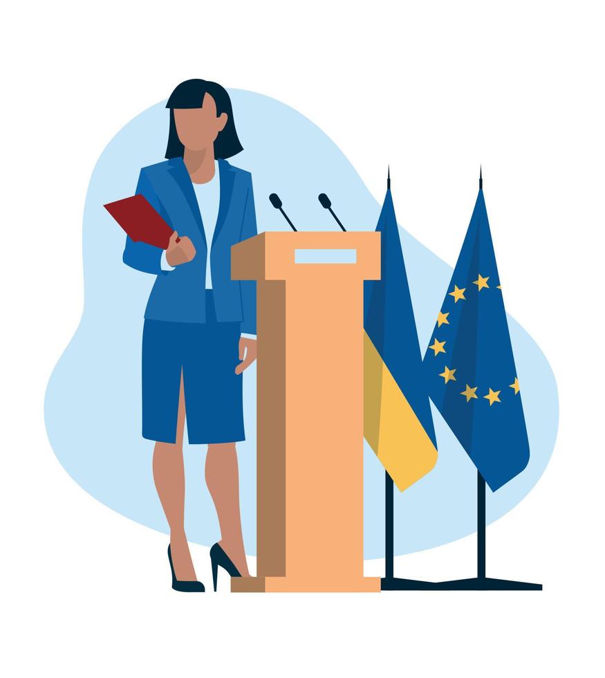 sanciones política. gente de negocios. mujer en trajes de negocios, políticos, empresarios, presentadores. bandera de ucrania y la unión europea. imagen vectorial vector