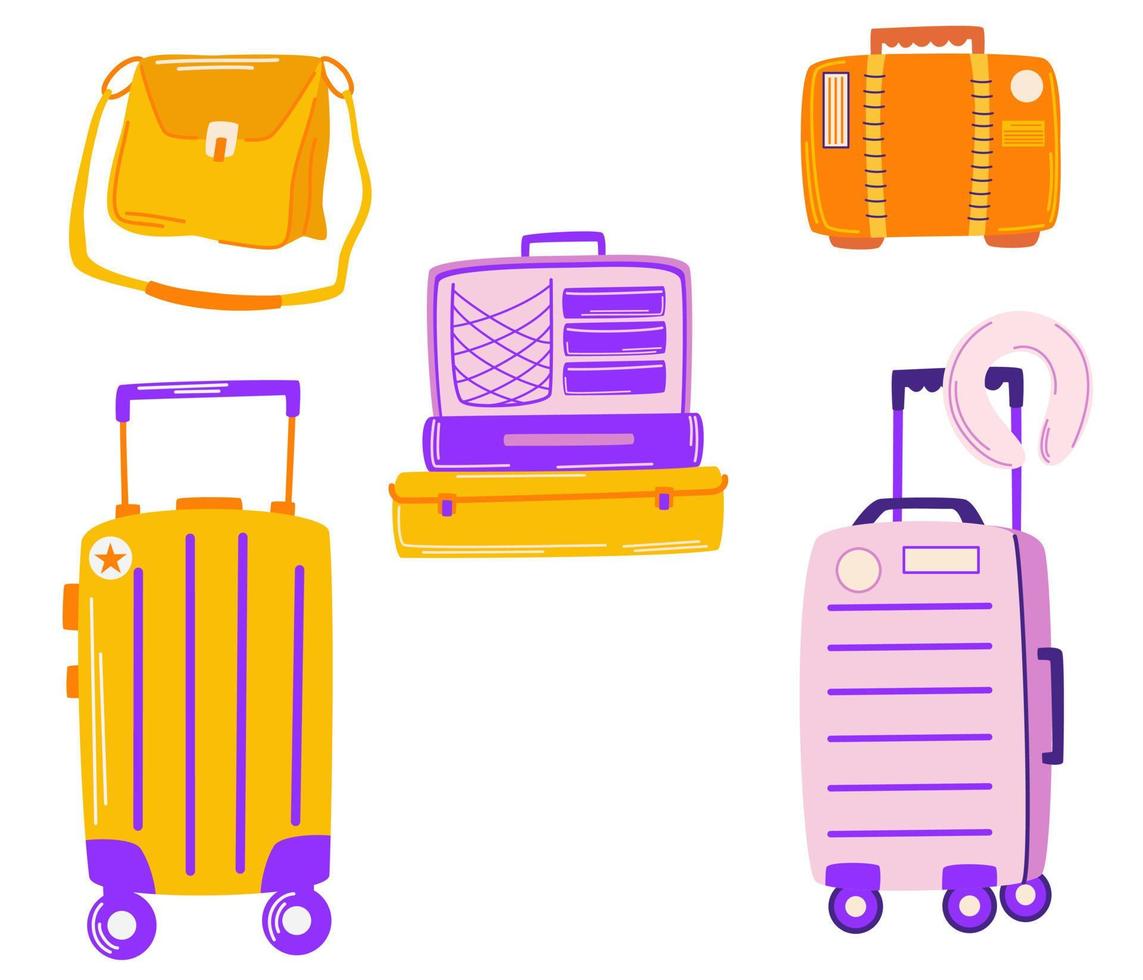 conjunto de maletas. bolsas de equipaje, maletas, equipaje, bolsas de viaje. vacaciones. ilustración de dibujos animados de vector aislado sobre fondo blanco