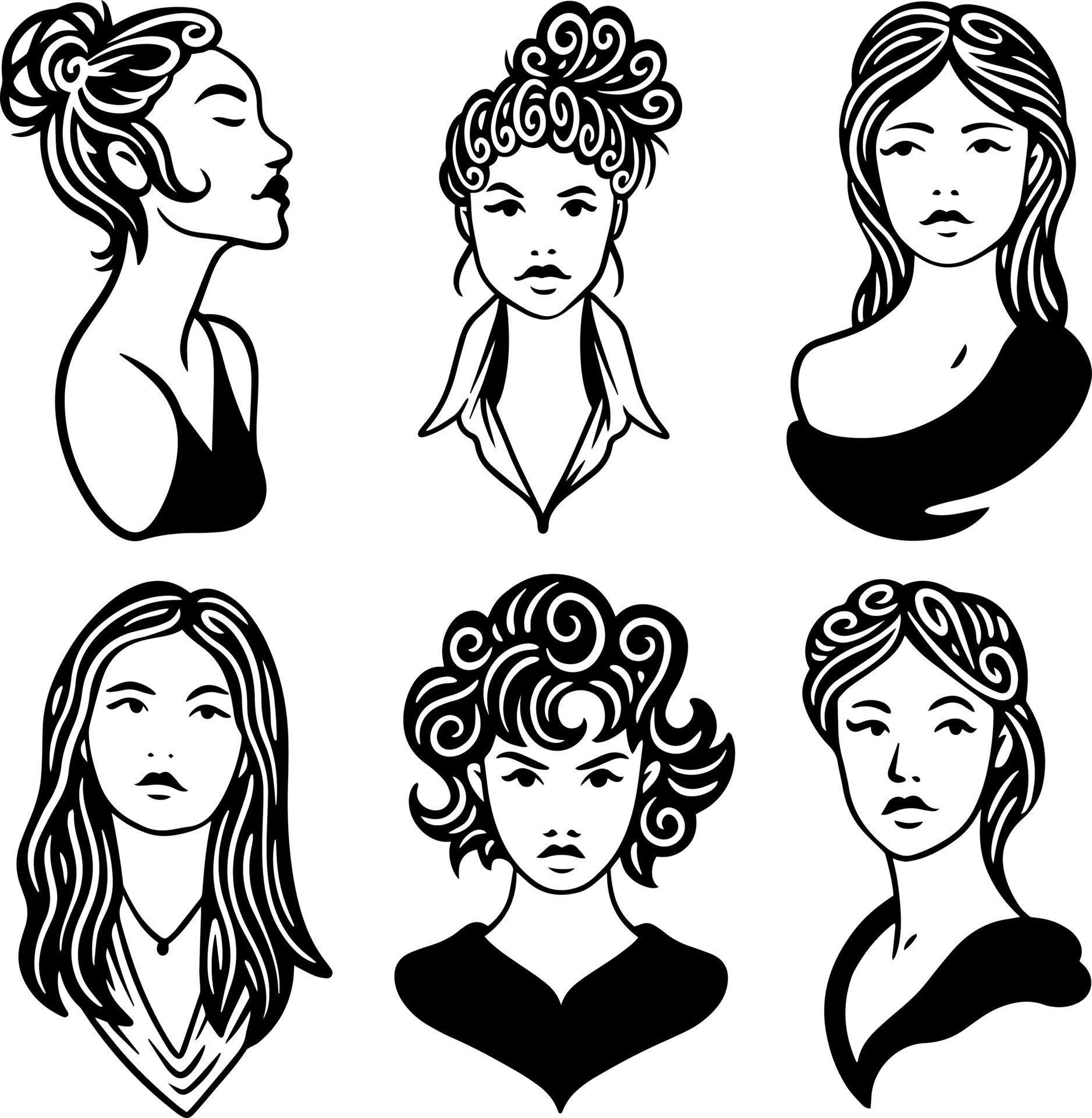 A set of black and white portraits of girls. 8714529 Vector Art at Vecteezy