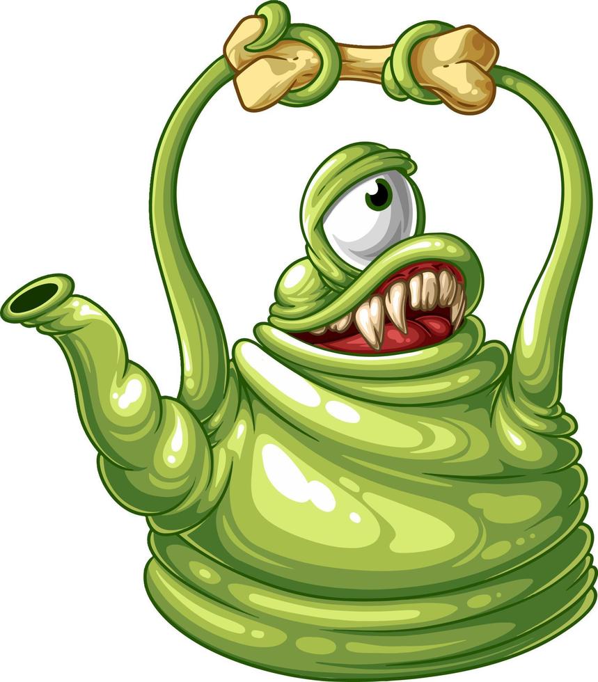 A toothy, green monster teapot with a bone. vector