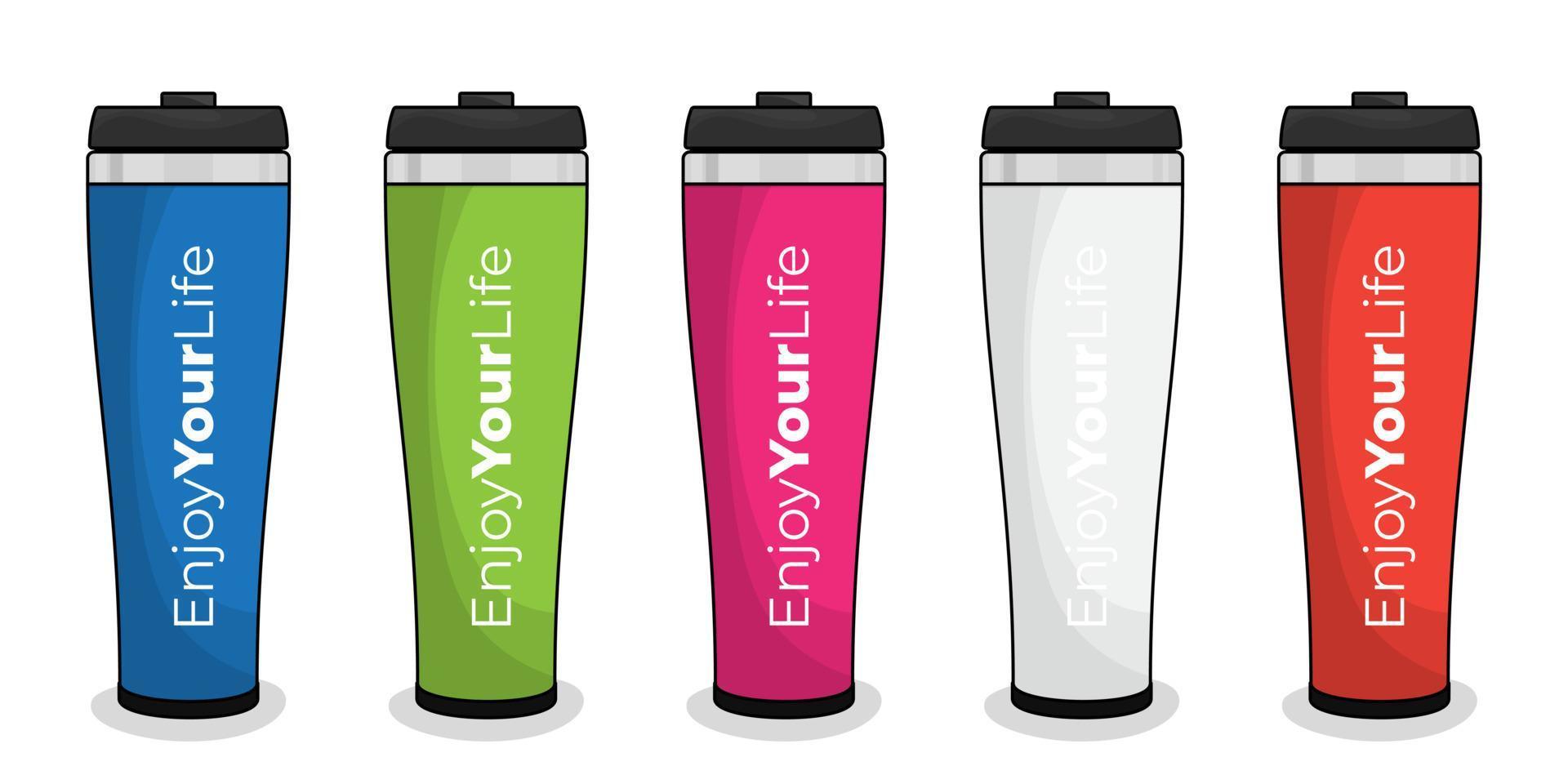 Vacuum flask or thermos in cup design with blue green pink white and orange color design vector