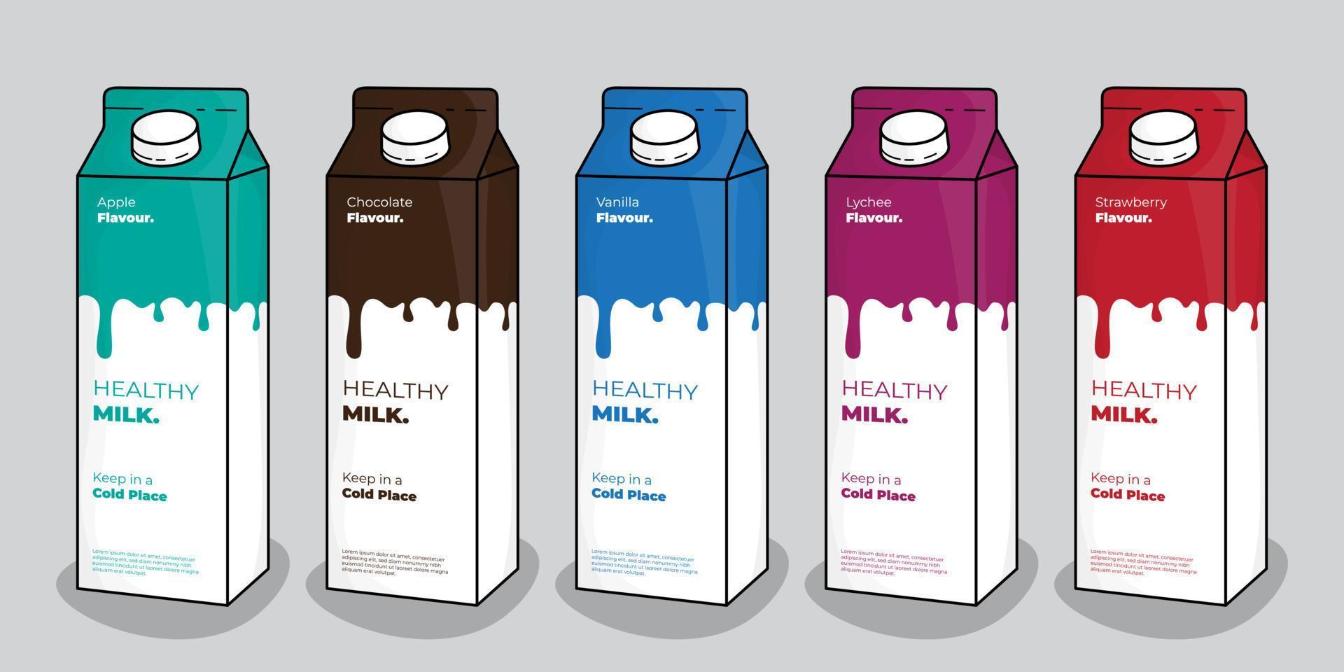 Milk or yogurt packaging template in green brown blue purple and red color combination design vector