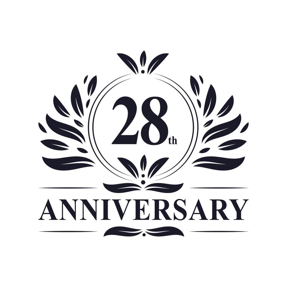 Celebración del 28 aniversario, lujoso diseño del logotipo del aniversario de 28 años. vector
