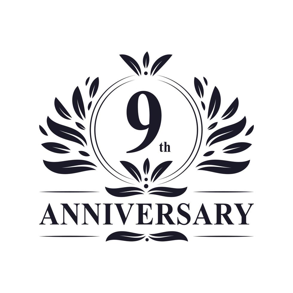 Celebración del noveno aniversario, lujoso diseño del logotipo del aniversario de nueve años. vector