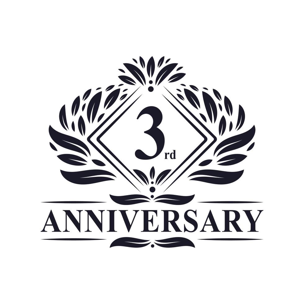 Logotipo de aniversario de 3 años, logotipo de 3er aniversario floral de lujo. vector