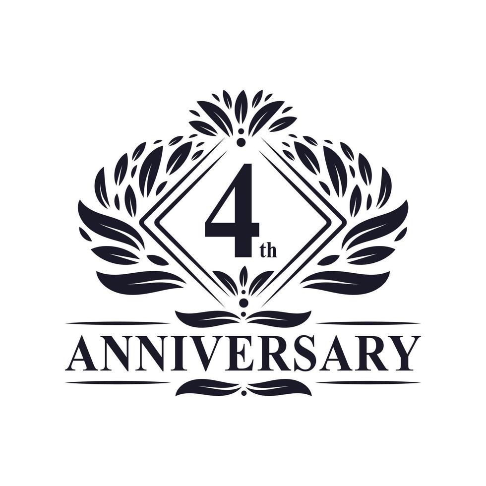 Logotipo de 4 años de aniversario, logotipo floral de lujo del 4º aniversario. vector