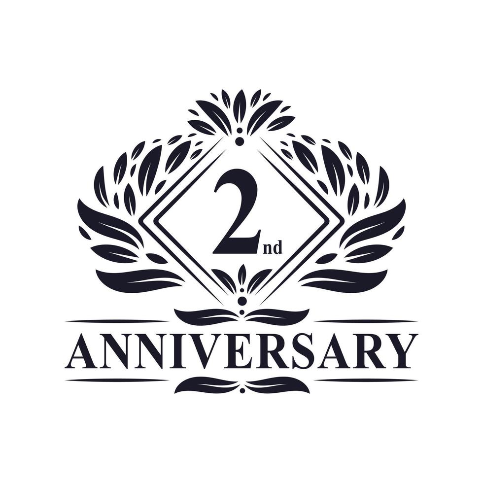 Logotipo de aniversario de 2 años, logotipo de segundo aniversario floral de lujo. vector