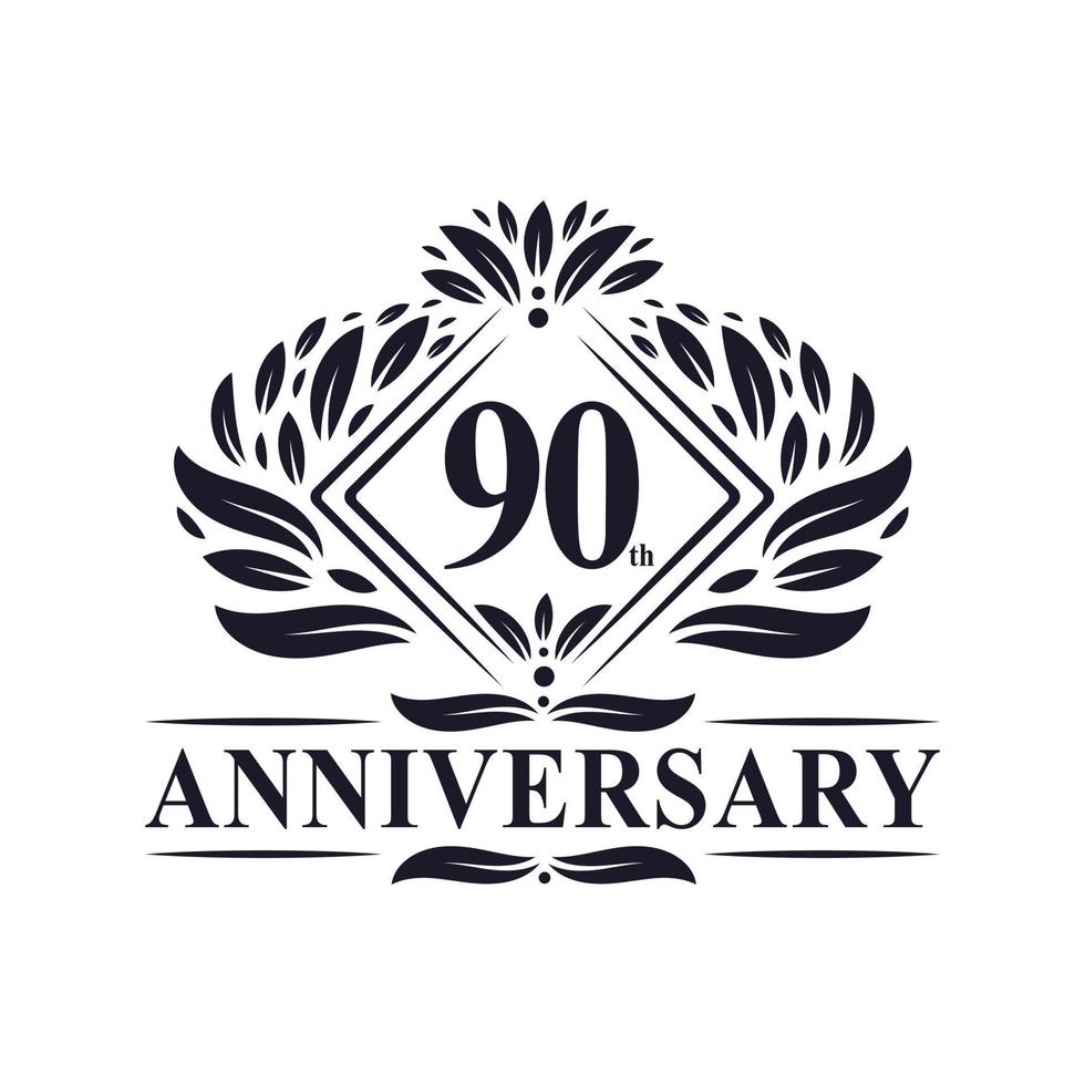 Logotipo del aniversario de 90 años, logotipo floral de lujo del 90 aniversario. vector