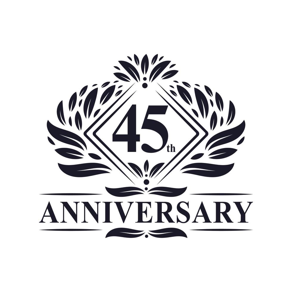 Logotipo de 45 años de aniversario, logotipo floral de lujo del 45 aniversario. vector