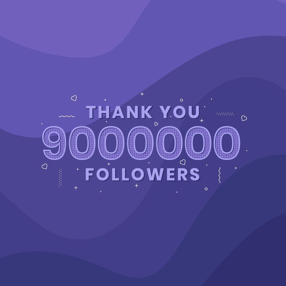 gracias 9000000 seguidores, plantilla de tarjeta de felicitación para redes sociales. vector