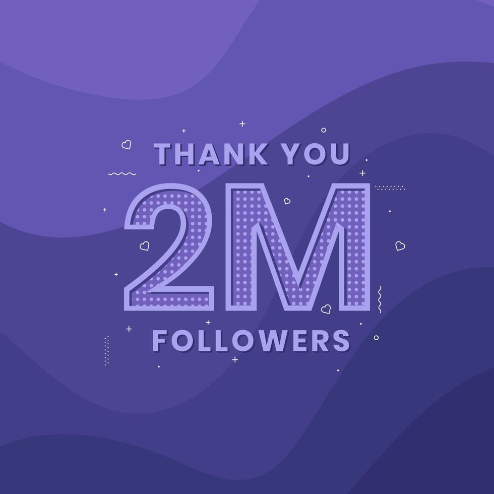 gracias 2 millones de seguidores, plantilla de tarjeta de felicitación para redes sociales. vector