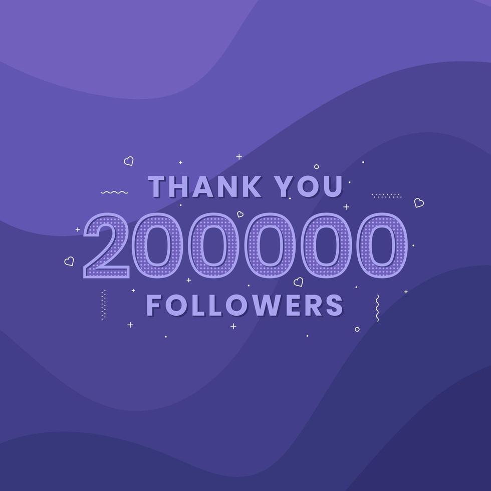 gracias 200.000 seguidores, plantilla de tarjeta de felicitación para redes sociales. vector