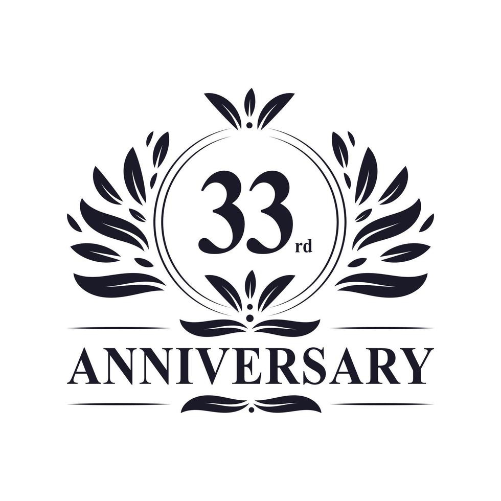 Celebración del 33 aniversario, lujoso diseño del logotipo del aniversario de 33 años. vector