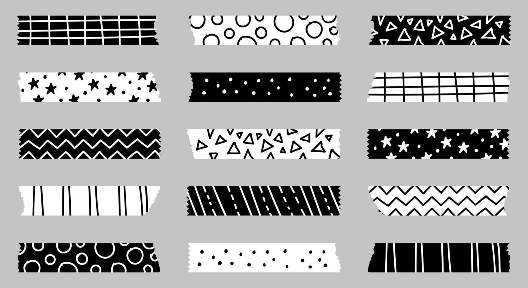 Set of black and white geometric patterned washi tape strips vector