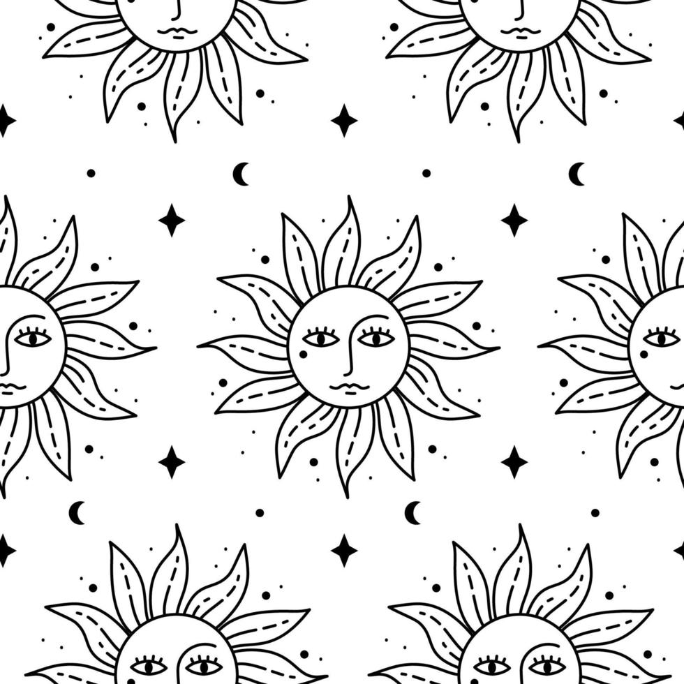 Black and white celestial seamless pattern with sun vector