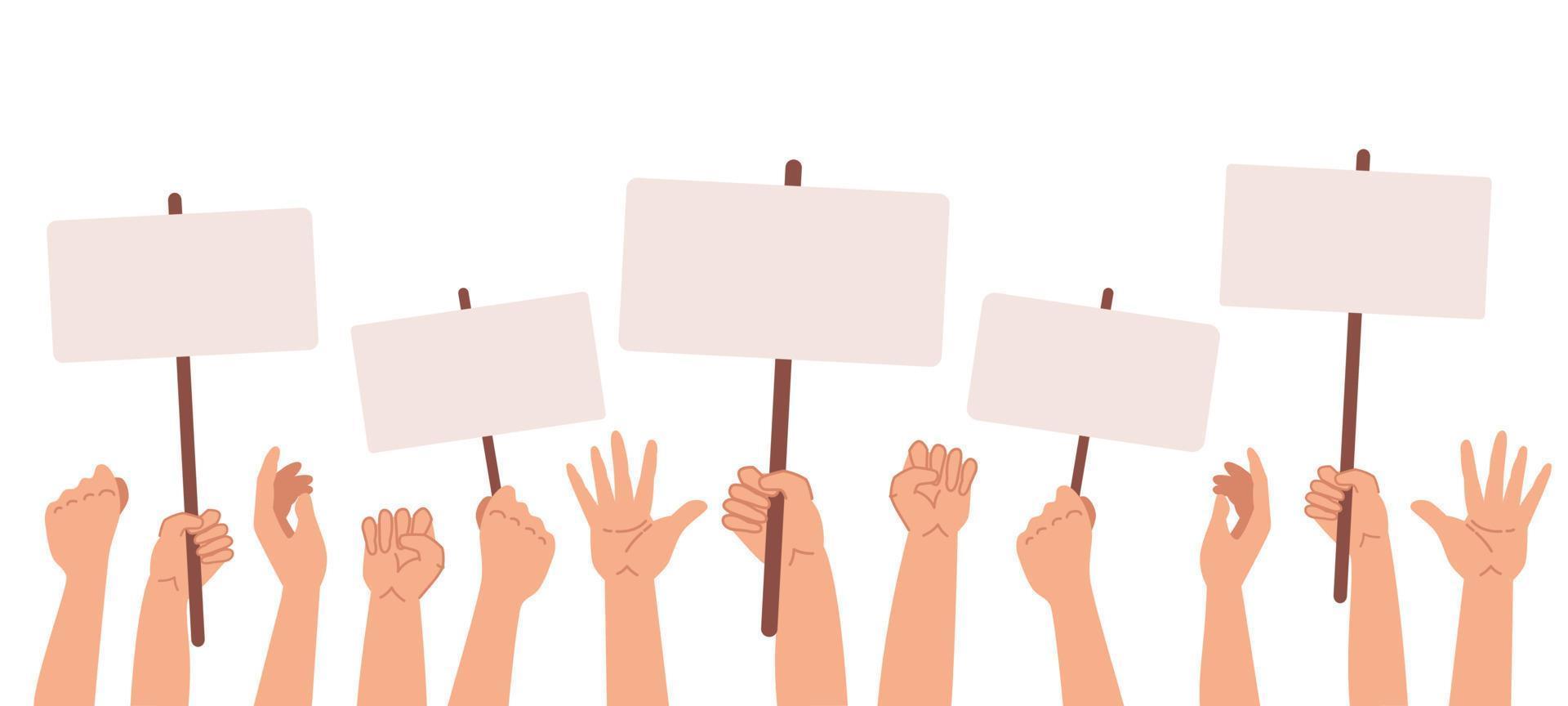 Protesters banners. Vector illustration. Concept of hands hold different banners