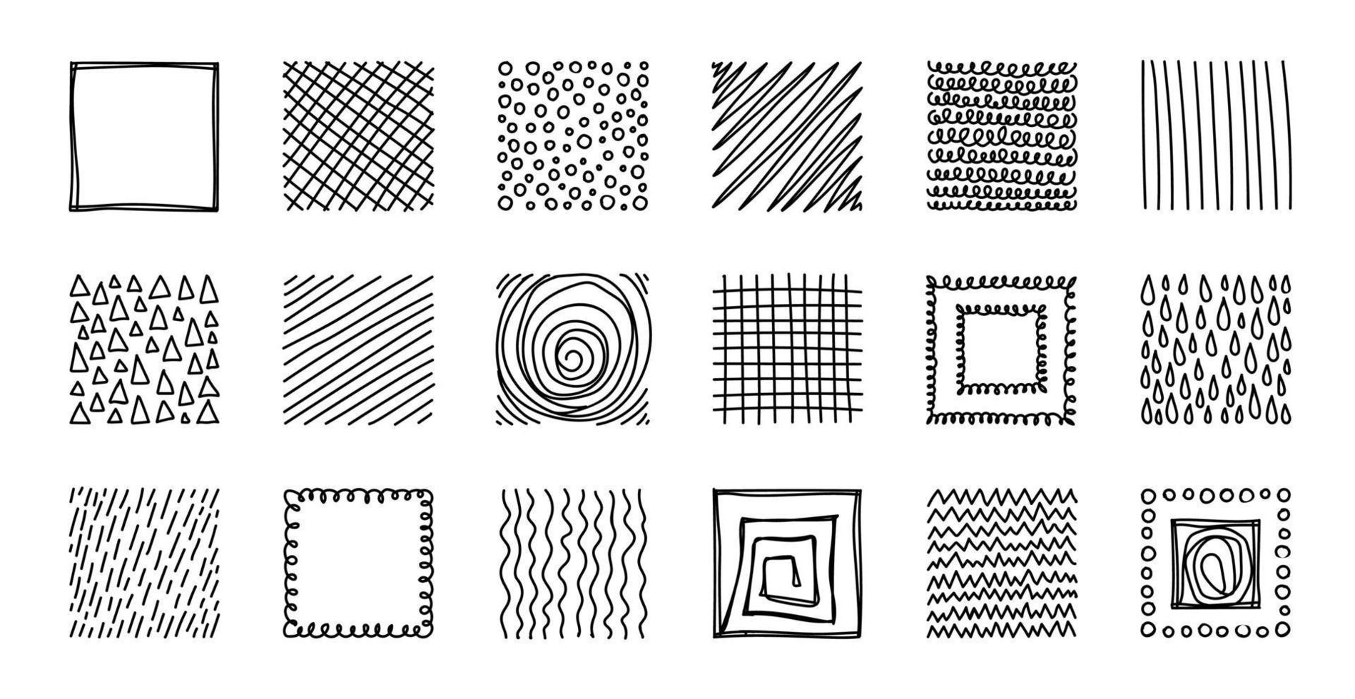 conjunto de fondos negros de línea abstracta cuadrada o patrones de garabatos. vector
