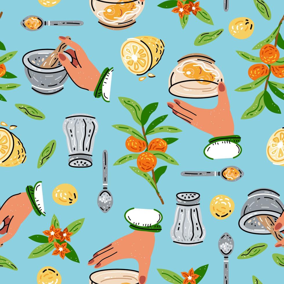 Colored vector seamless pattern of food and drink.