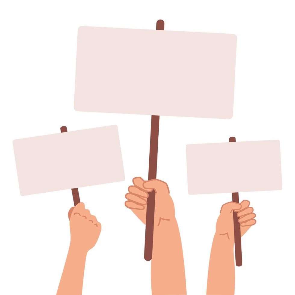 pancartas de los manifestantes. ilustración vectorial concepto de manos sostienen diferentes pancartas vector