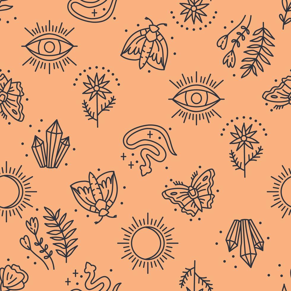Seamless pattern with mystical boho elements in lineart style vector