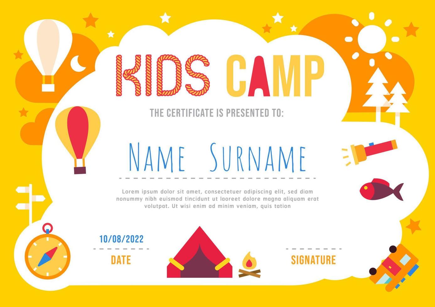 Certificate summer camp kids diploma, kindergarten template layout nature eco vector. vector