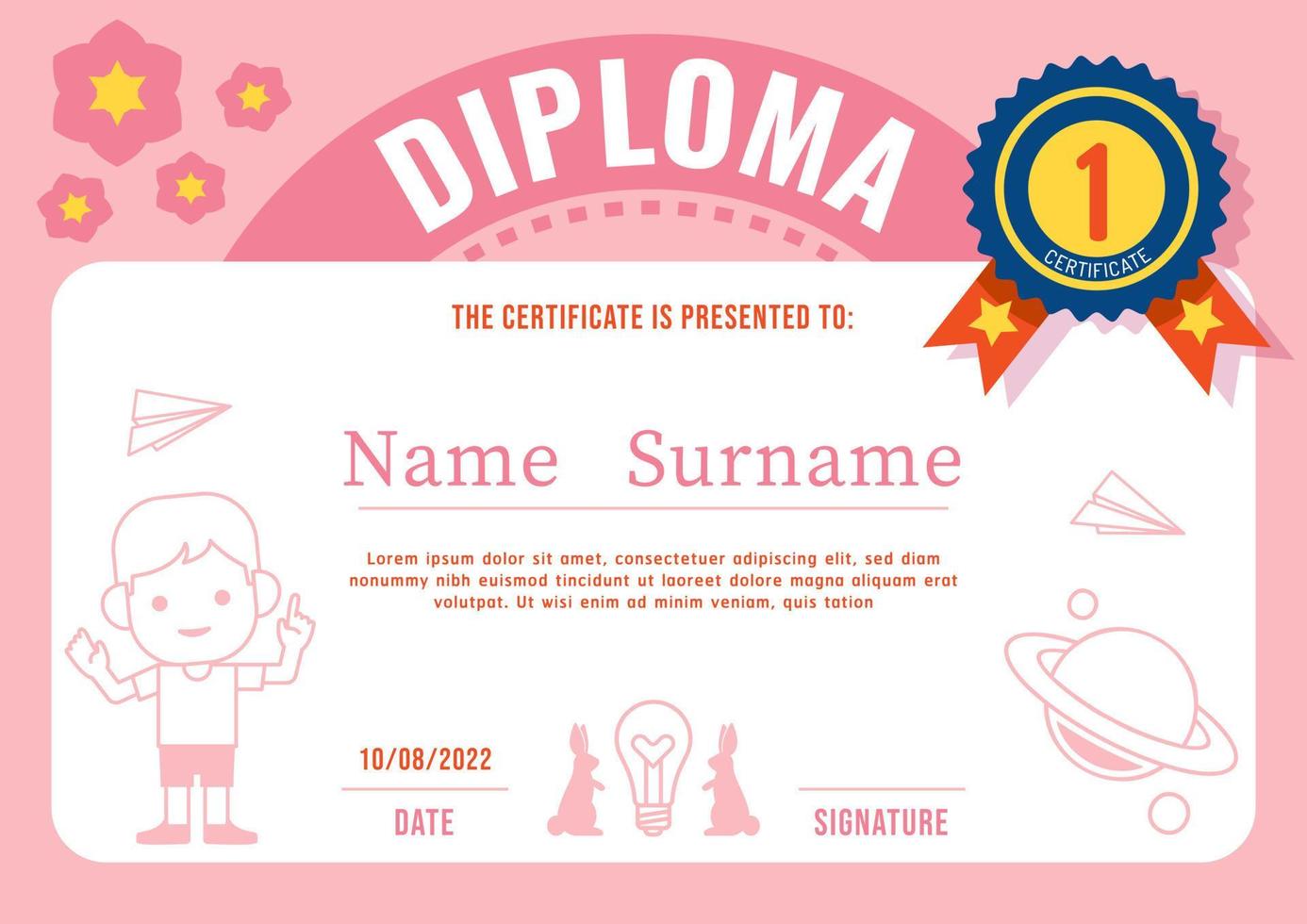 Certificate kids diploma, kindergarten template layout pink color vector. vector
