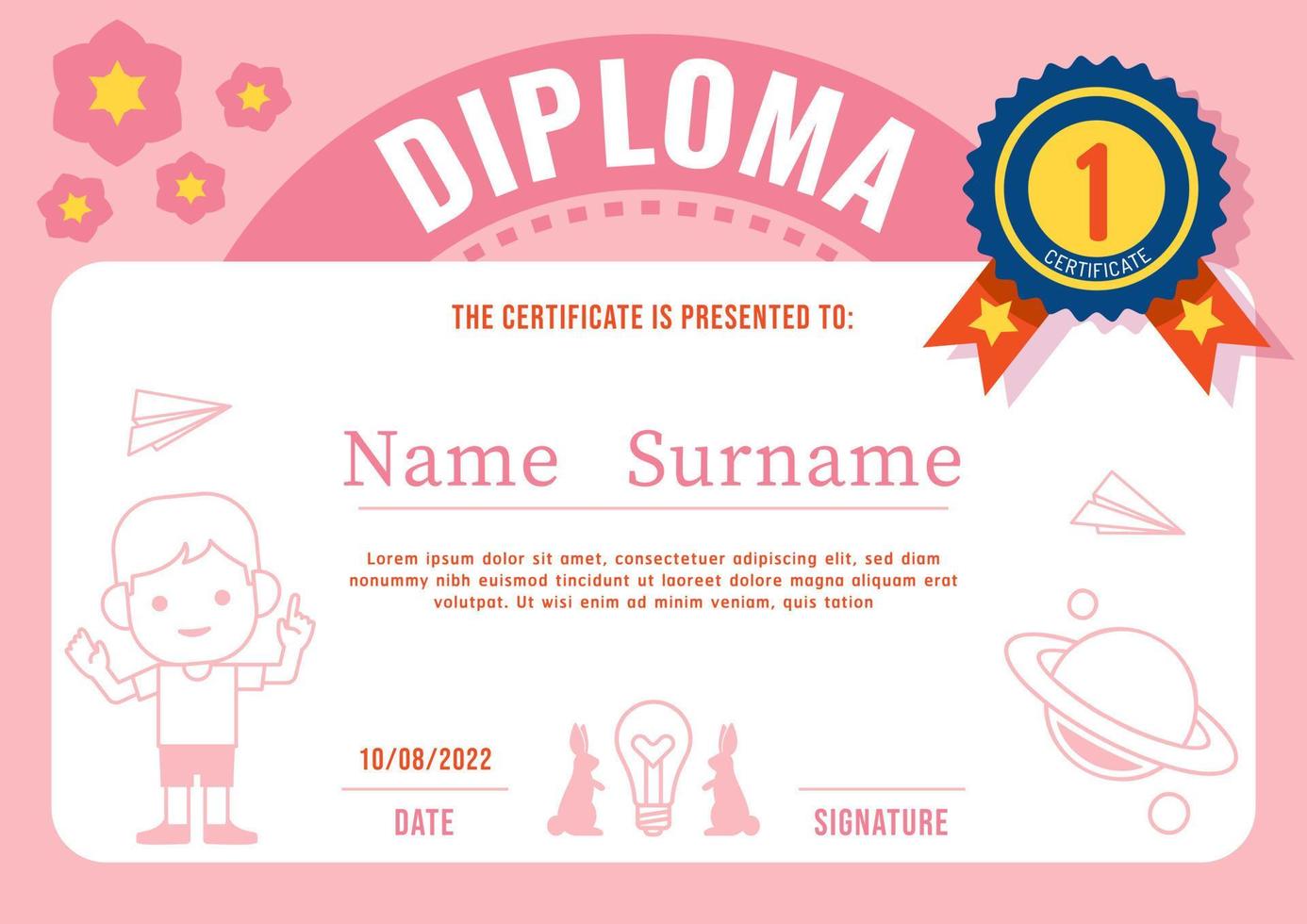 certificado diploma para niños, vector de color rosa de diseño de plantilla de jardín de infantes.