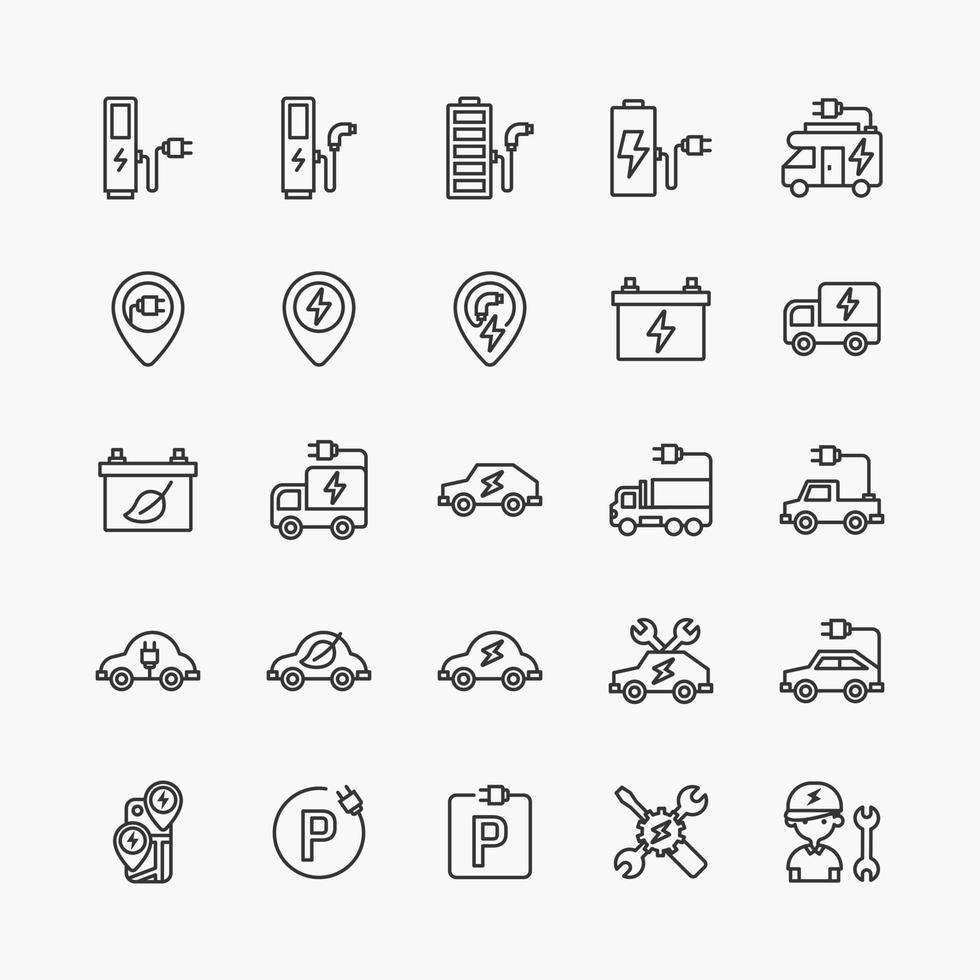 electric vehicle logo flat line icons set. EV ECO clean energy technology icon. simple design vector