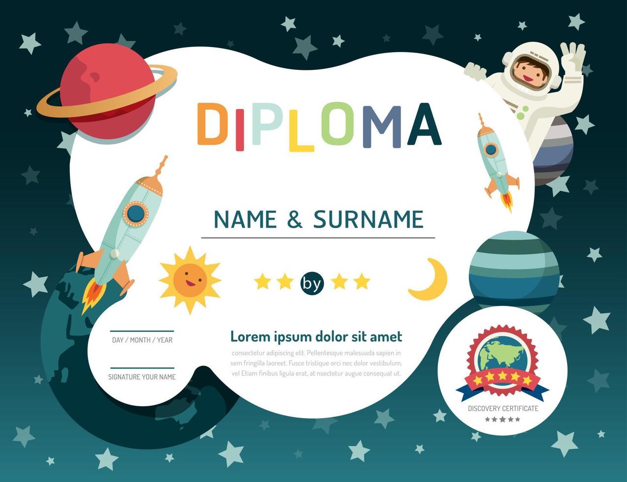 certificado diploma para niños, vector de diseño de marco de fondo de espacio de diseño de plantilla de jardín de infantes. educación preescolar concepto estilo de arte plano