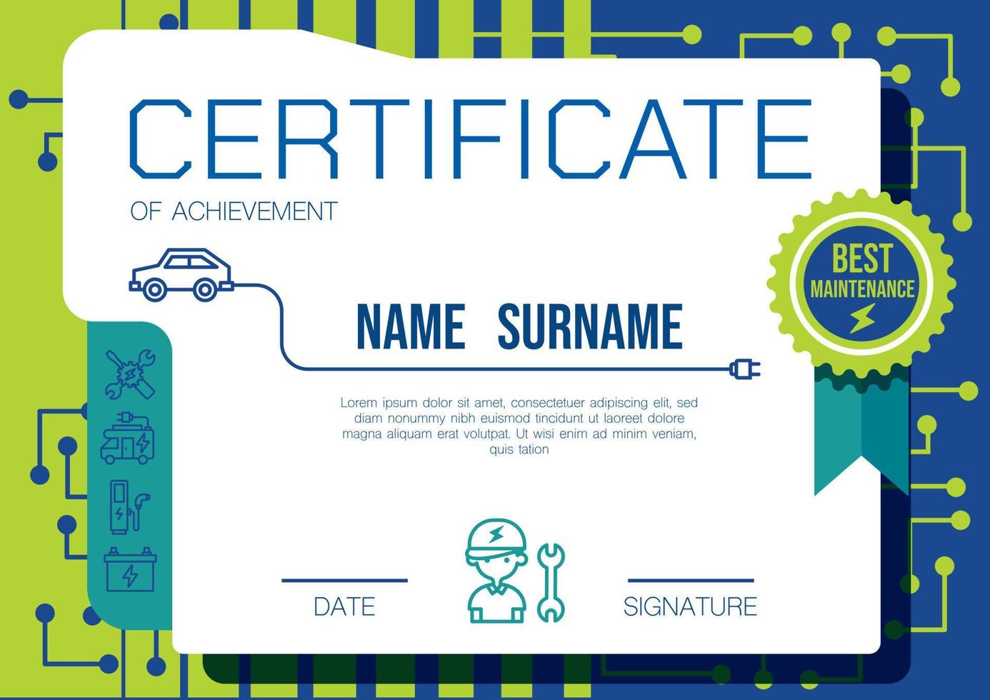 Certificate or diploma electric vehicle training template. clean energy technology concept vector. vector