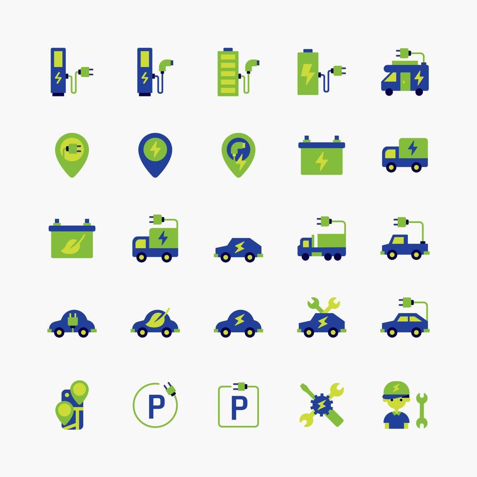 Electro vehicle flat icon set with electric eco car charge station. vector