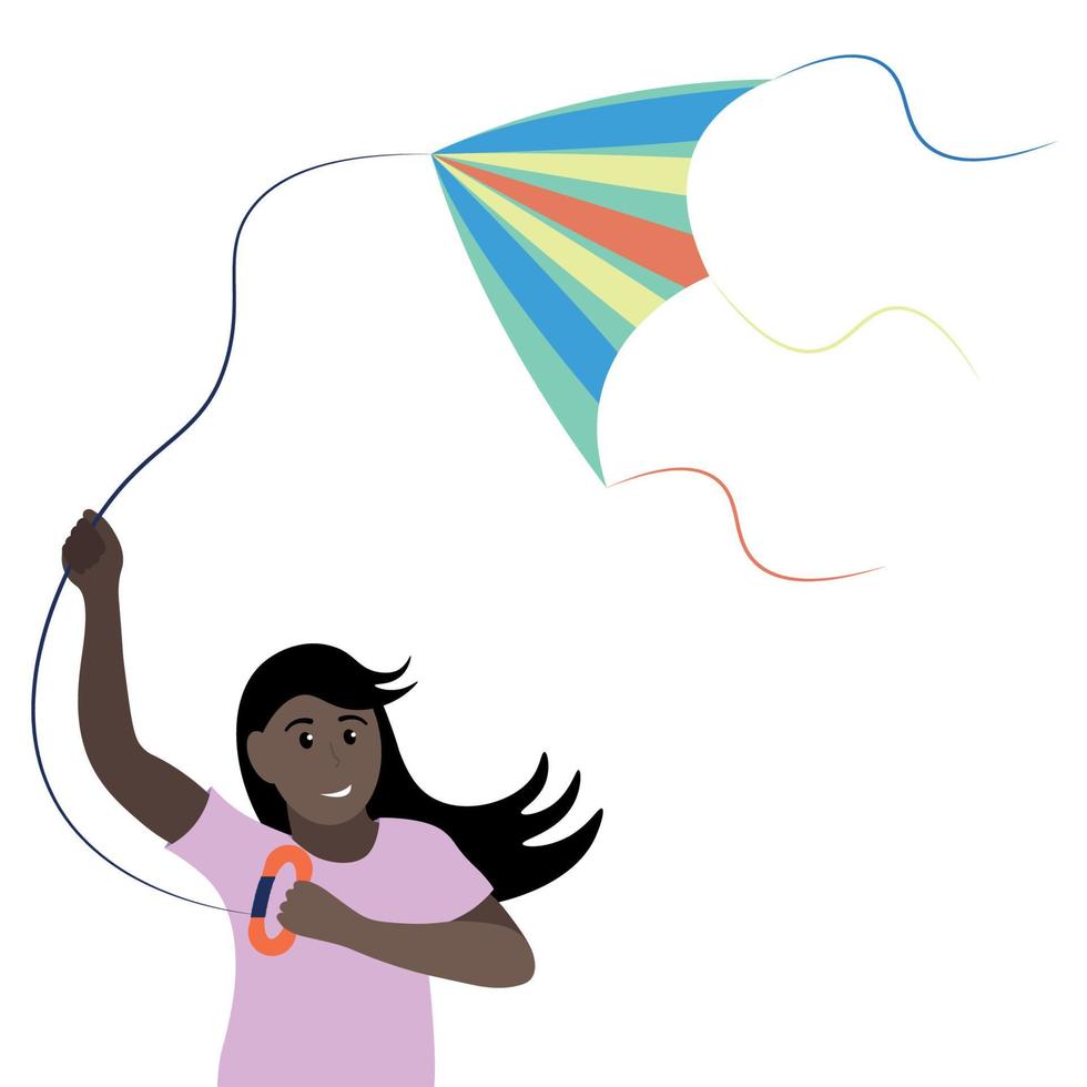 retrato de una chica negra con una cometa en las manos, vector plano, aislado en un fondo blanco, juegos al aire libre