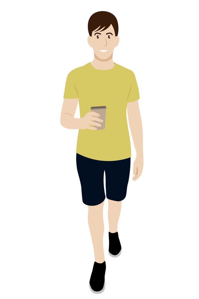 Full length portrait of a guy who walks with a paper cup of coffee in his hand, vector isolated on a white background, coffee to go