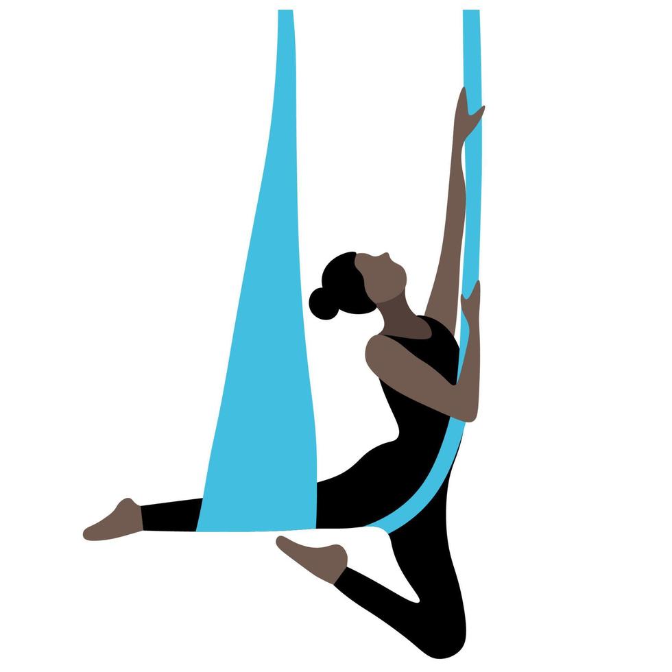 Fly yoga, black girl doing stretching on scarves, isolated on white, flat vector, leads a healthy lifestyle vector