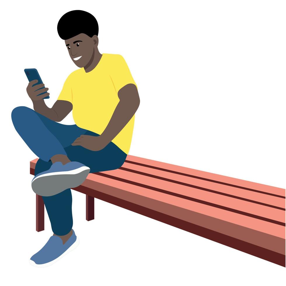 Portrait of a black guy who sits on a bench with one leg crossed over the other, vector isolated on a white background, the guy looks at the smartphone