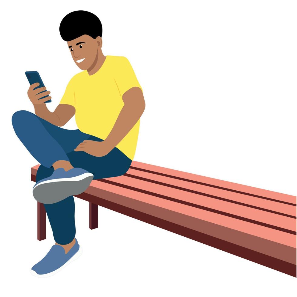 Portrait of a indian guy who sits on a bench with one leg crossed over the other, vector isolated on a white background, the guy looks at the smartphone