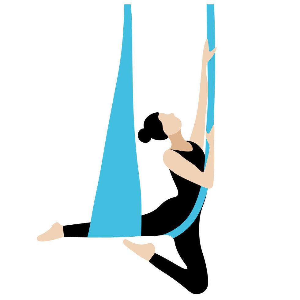 Fly yoga, girl doing stretching on scarves, isolated on white, flat vector, leads a healthy lifestyle vector